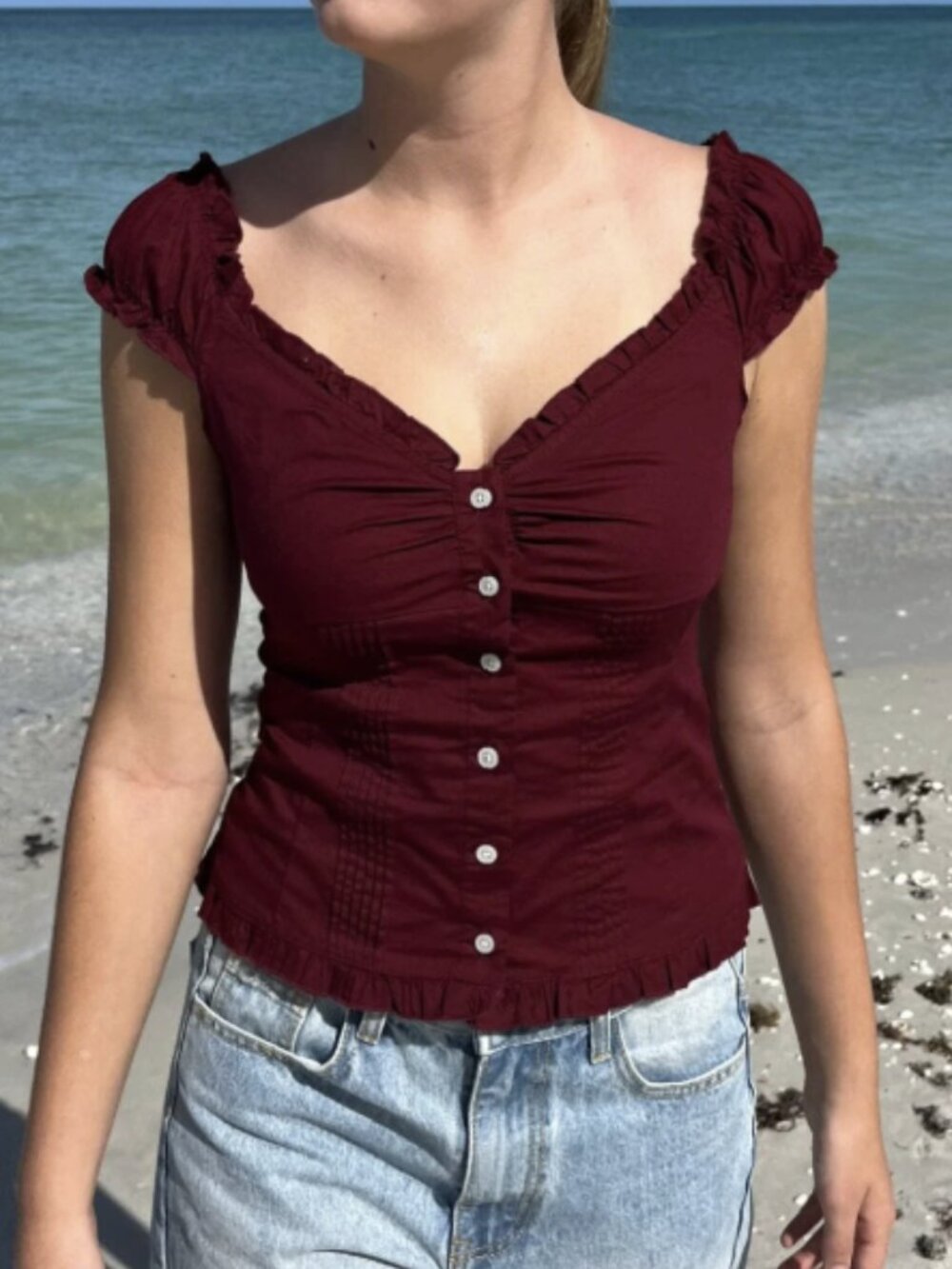 Brandy Melville - Elena Button-Front Ruched V-Neck Top in Burgundy